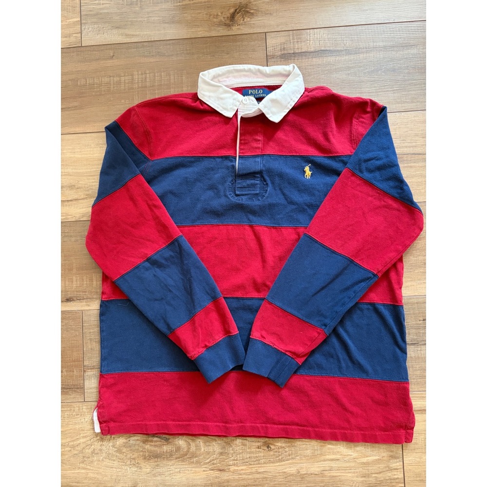 Polo Ralph Lauren Mens Rugby Shirt Large Dark Red Navy Blue Striped Classic L